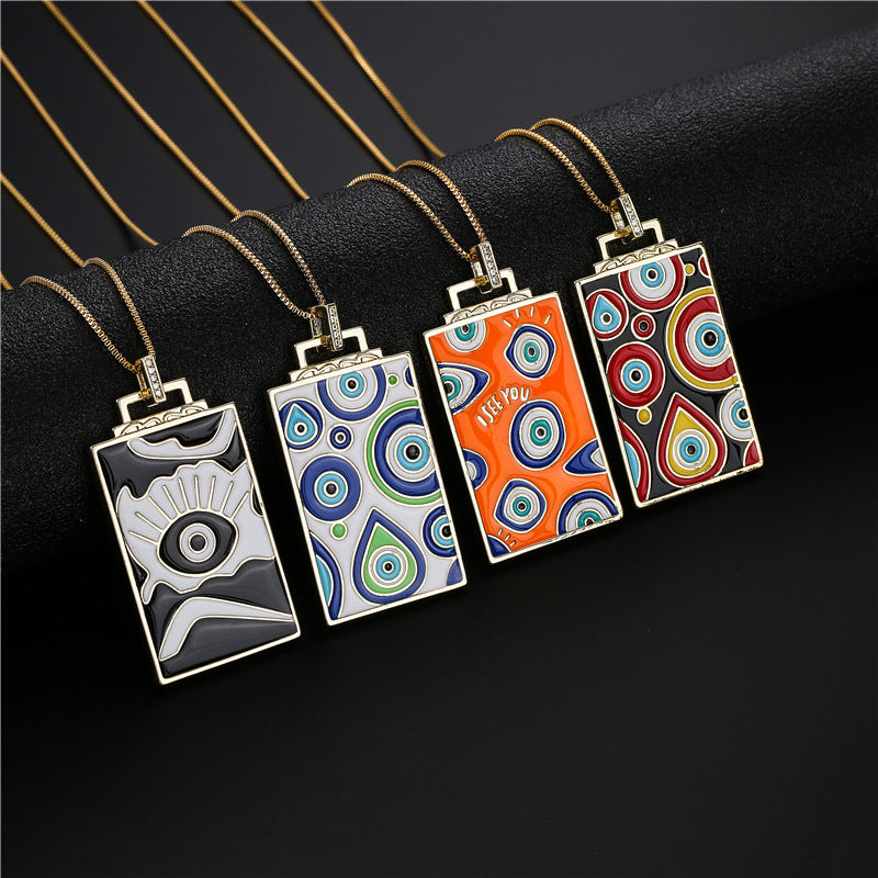 Vintage Square Geometric Drip Oil Inlay Brass Pendant Box Chain Necklace