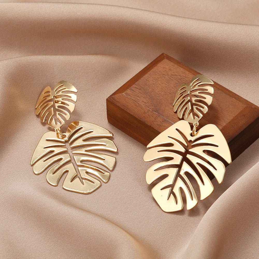 Geometric Double Leaf Plated Alloy Earrings