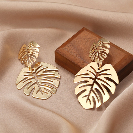 Geometric Double Leaf Plated Alloy Earrings