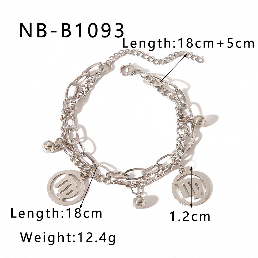 INS Style Zodiac Bracelet with Double Layer Cuban Link Chain Stainless Steel Pendant and 18K Vacuum Plated Finish