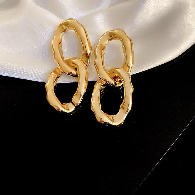 Vintage Geometric Metal Stud Earrings with Round Pearl Accents and Silver-Plated Posts for Women