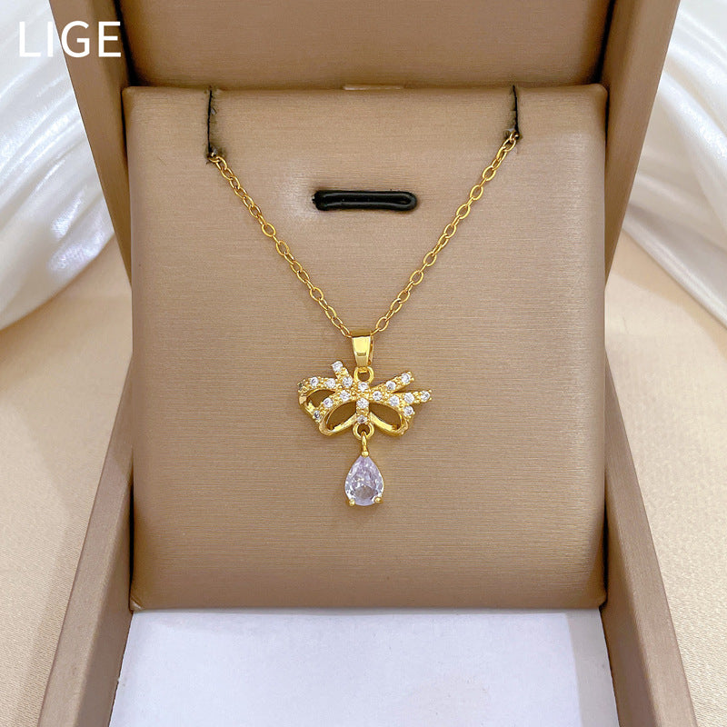 Elegant Butterfly-Shaped Titanium Steel Necklace and Earrings Set with Full Rhinestone Inlay for Women
