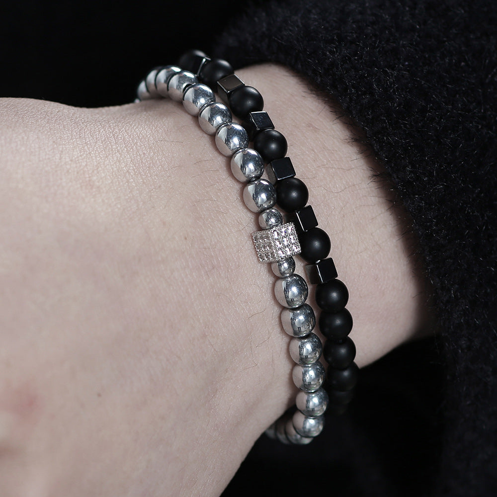 Ethnic 8mm Matte Hematite and Brass Square Bracelet with Cubic Zirconia Inlay for Unisex