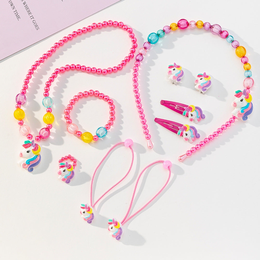 Set di collane con ciondolo unicorno a fumetti per bambini, gioielli a forma di animale in resina plastica con catena di perline rotonde, accessorio da spiaggia estivo