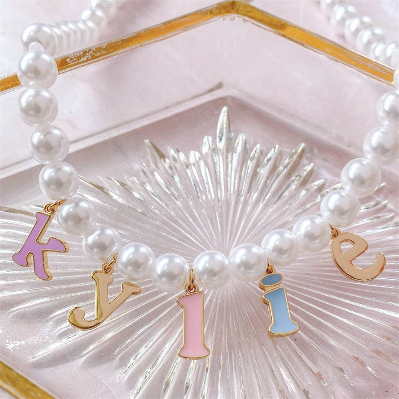 Casual 18K Gold Plated Letter Stainless Steel Necklace with Drip Oil and Pearl Pendant