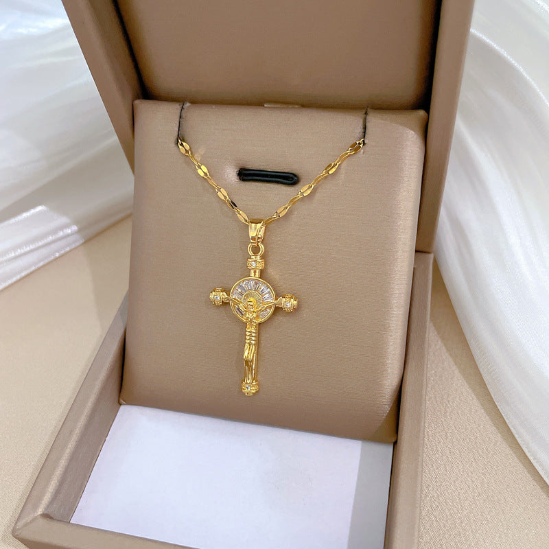 Collana Pendente a Croce di Lusso in Acciaio al Titanio con Intarsi di Strass per Donna e Uomo Catenina