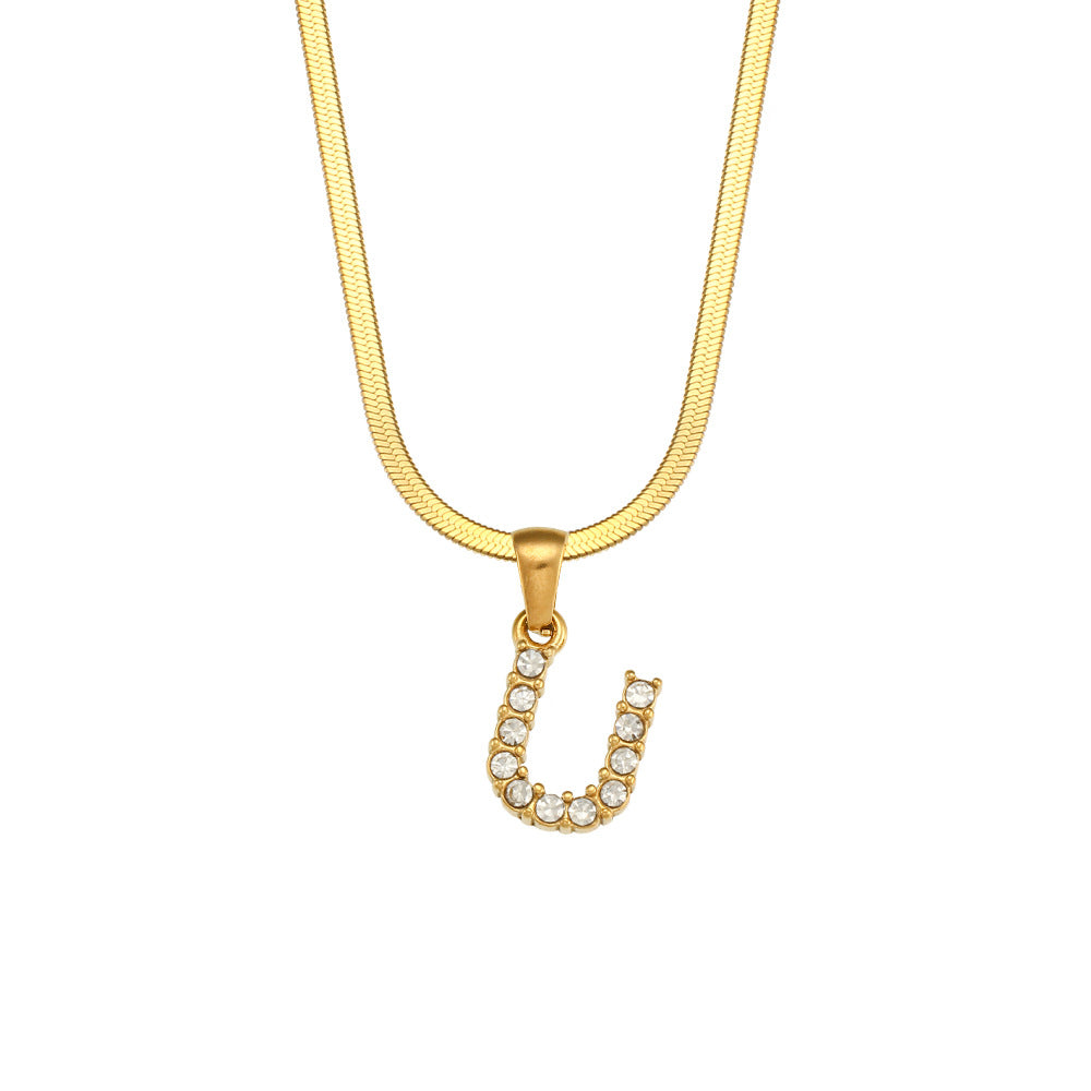 Collana Minimalista con Ciondolo a Lettera in Acciaio Inossidabile con Placcatura in Oro 18K e Zircone su Catena a Serpente Piatta per Donna