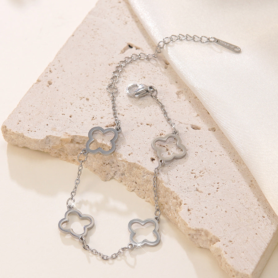 Elegant Stainless Steel Four-Leaf Clover Rhinestone Bracelet for Women