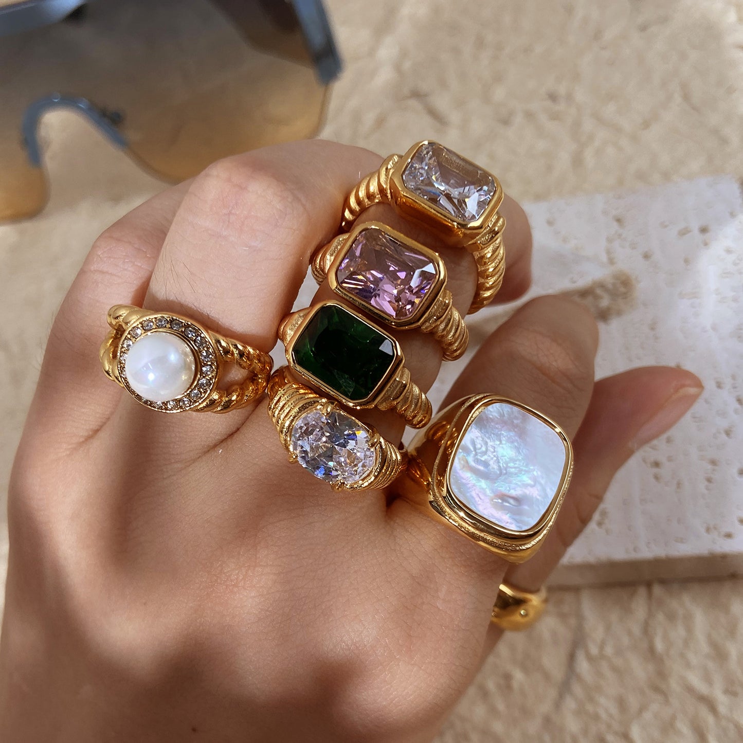 18K Gold Plated Geometric Round Stainless Steel Ring with Cubic Zirconia for Women