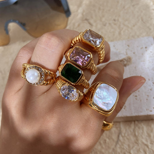 18K Gold Plated Geometric Round Stainless Steel Ring with Cubic Zirconia for Women
