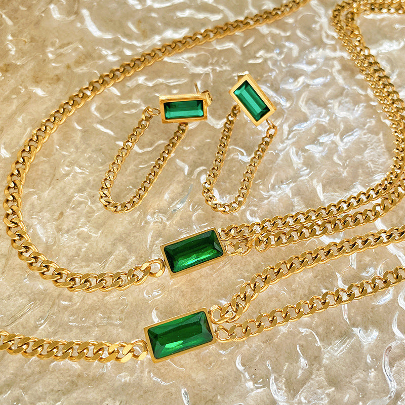 Green Cubic Zirconia Geometric Titanium Steel Plated Layered Necklace Set