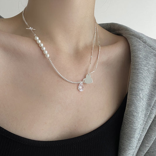 Collana in Argento Sterling 925 a Forma di Cuore Irregolare con Perla e Zirconi, Stile Minimalista e Dolce Fresco
