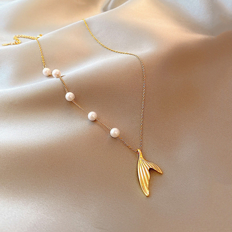Minimalist Fish Tail Pearl Necklace in Alloy with Plated Finish, Long Layering Snake Chain for Women and Men