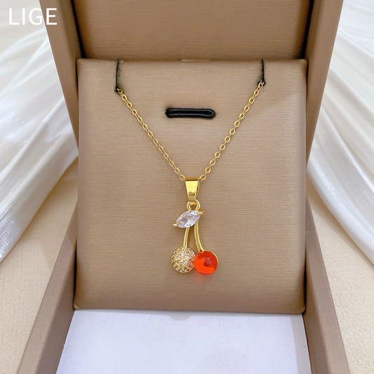 Cartoon Cherry-Shaped Stainless Steel Necklace with Rhinestone Inlay for Women and Men, Delicate Clavicle Chain