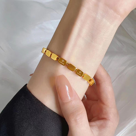 Pulsera Minimalista para Mujer con Diseño de Letra, de Acero Inoxidable, Chapada en Oro