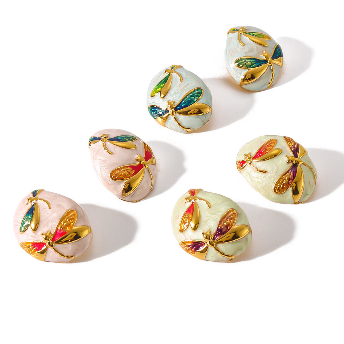 Minimalist Asymmetrical Oval Stainless Steel Earrings with Enamel Dragonfly Pattern and 18K Gold Plating for Women