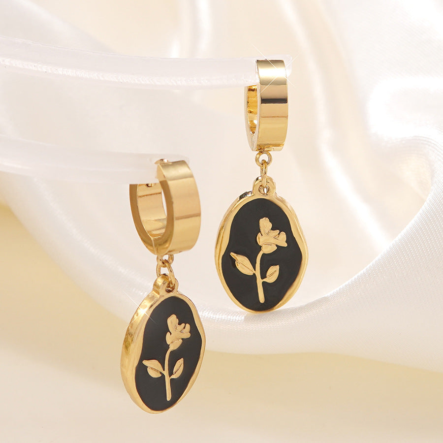 Vintage Floral Drip Oil Stainless Steel Rose Earrings for Women