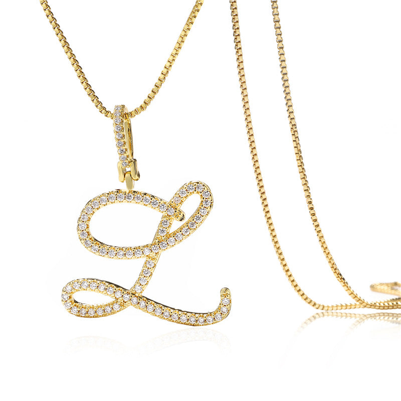 Minimalist Geometric Letter Pendant Necklace in Brass with Micro-Pavé Setting on Box Chain