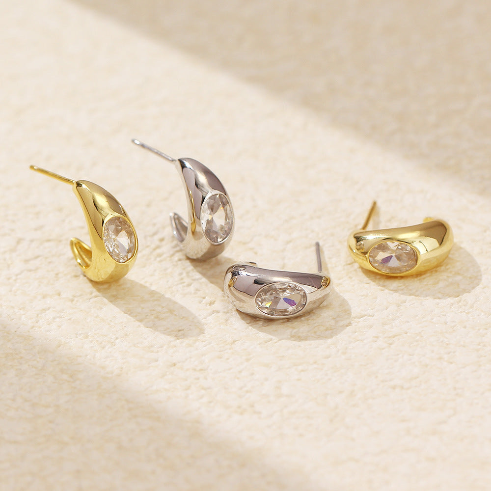 Minimalist Elegant 925 Sterling Silver Geometric Oval C-Shape Inlaid Diamond Earrings for Women