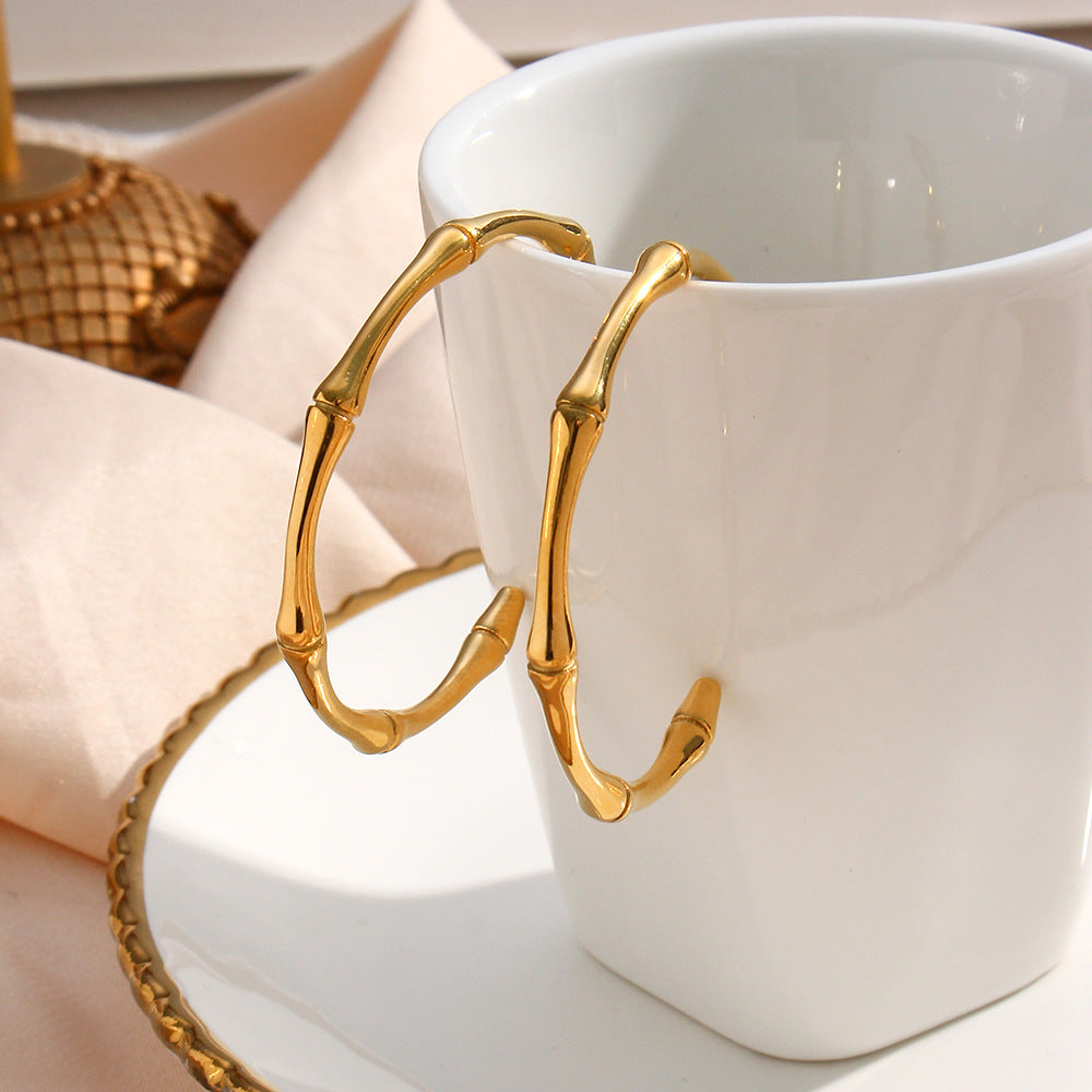 Fashion OL Geometric Bamboo Segment Open Hoop Earrings 18K Gold Plated Stainless Steel for Women