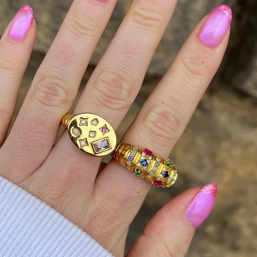 Cute Geometric Galaxy Star Map Ring with Zircon Stars and Moon, Gold-Plated Copper Ring for Women
