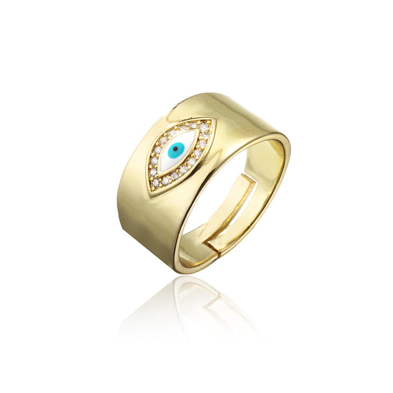 Geometric Open Ring with Turquoise and Cubic Zirconia Inlay, Gold-Plated Copper, Bohemian Style