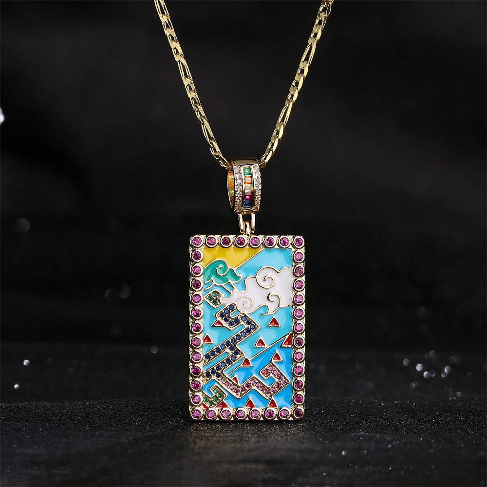 Collana con Ciondolo Vintage Minimalista Geometrico Smaltato Zircone Nuvola Pittura ad Olio Rame Placcato Oro 18K