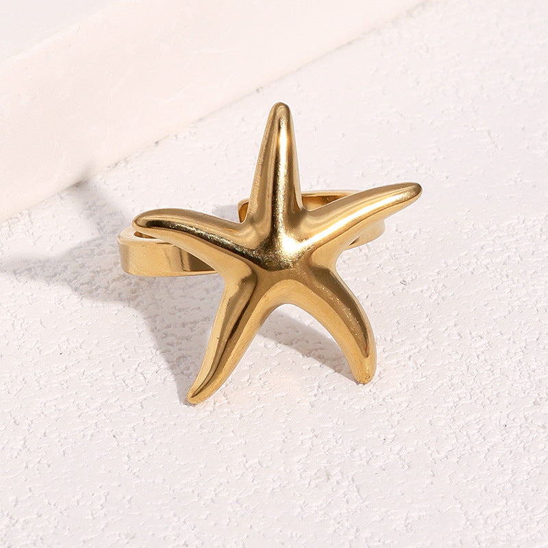 Minimalist 18K Gold Plated Stainless Steel Starfish Open Adjustable Ring for Women