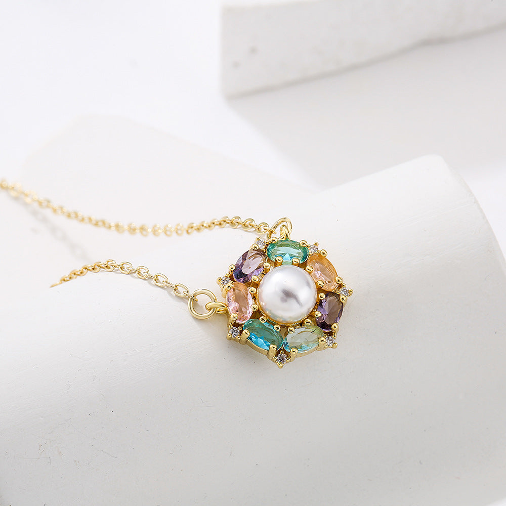 Minimalist Butterfly-Shaped Geometric Pendant Necklace for Women with Gold-Plated Copper Base and Micro-Paved Zirconia and Pearl Accents