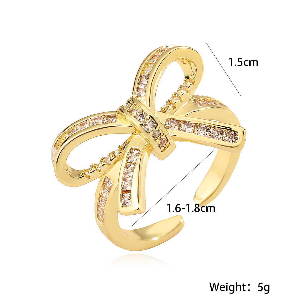 Anello da donna minimalista a forma di fiocco in rame placcato oro 18 carati con intarsi in zirconia cubica
