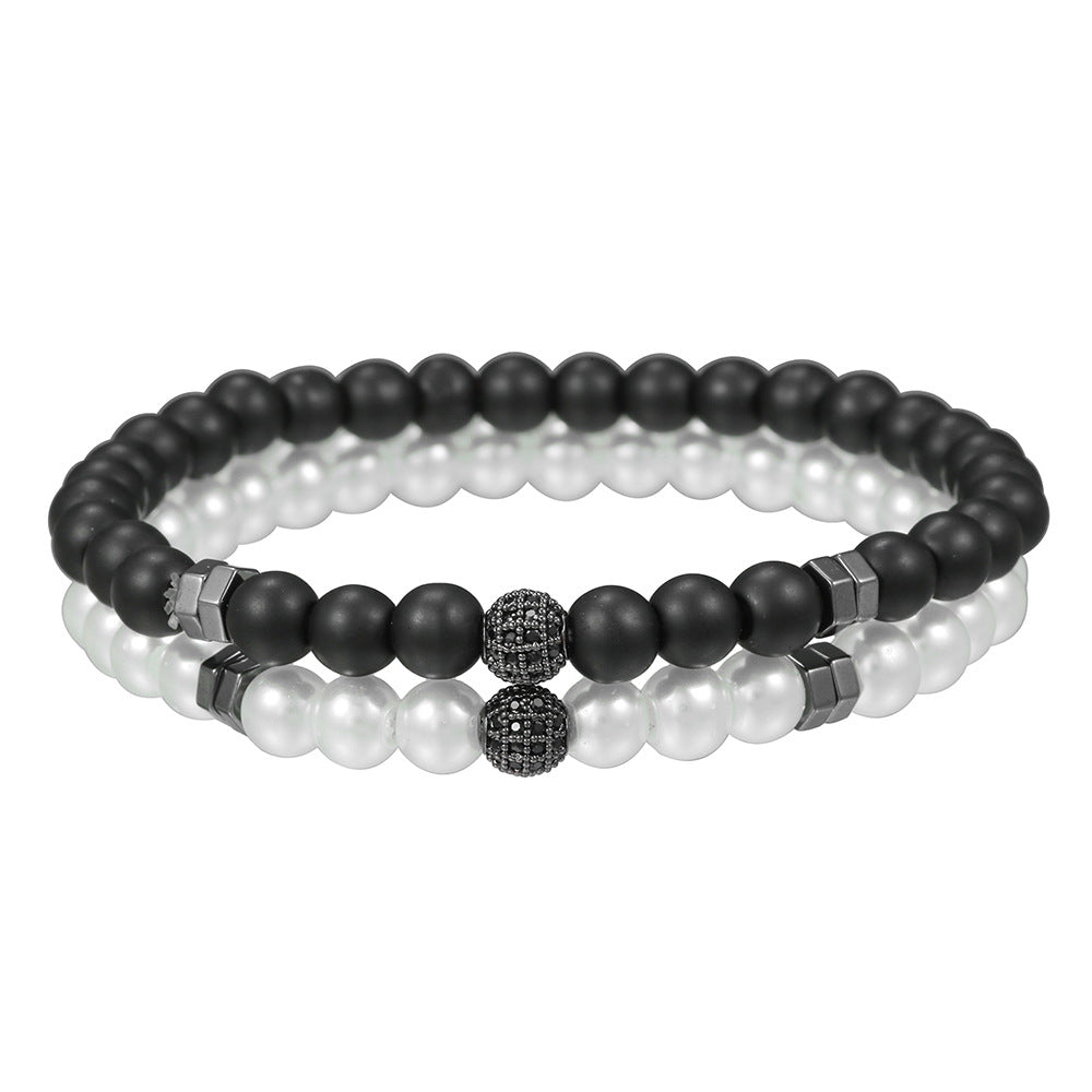 Hip-hop Matte Black Imitation Pearl Beaded Bracelet with Micro-pave Cubic Zirconia