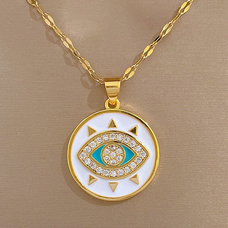 Collana pendente a occhio geometrico in acciaio al titanio di lusso da donna con finitura placcata, catena delicata per la clavicola per banchetti nuziali ed eventi formali