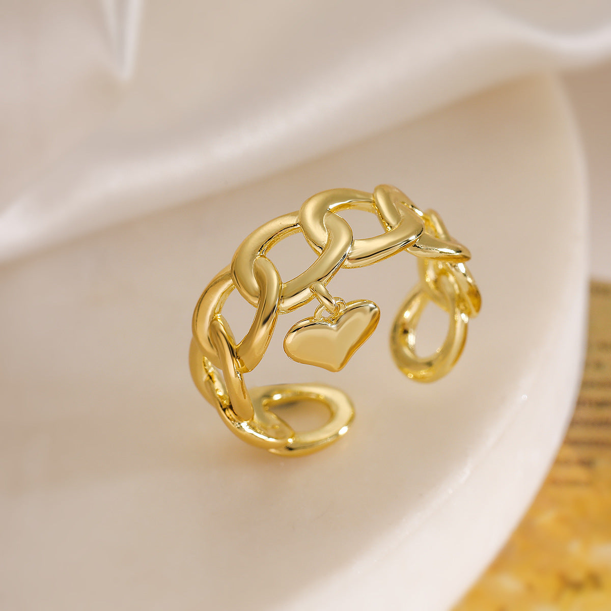 Anello in Rame a Cuore Geometrico con Placcatura in Oro 18K per Donna, Anello Fascia Aperta Minimalista Ispirato al Vintage