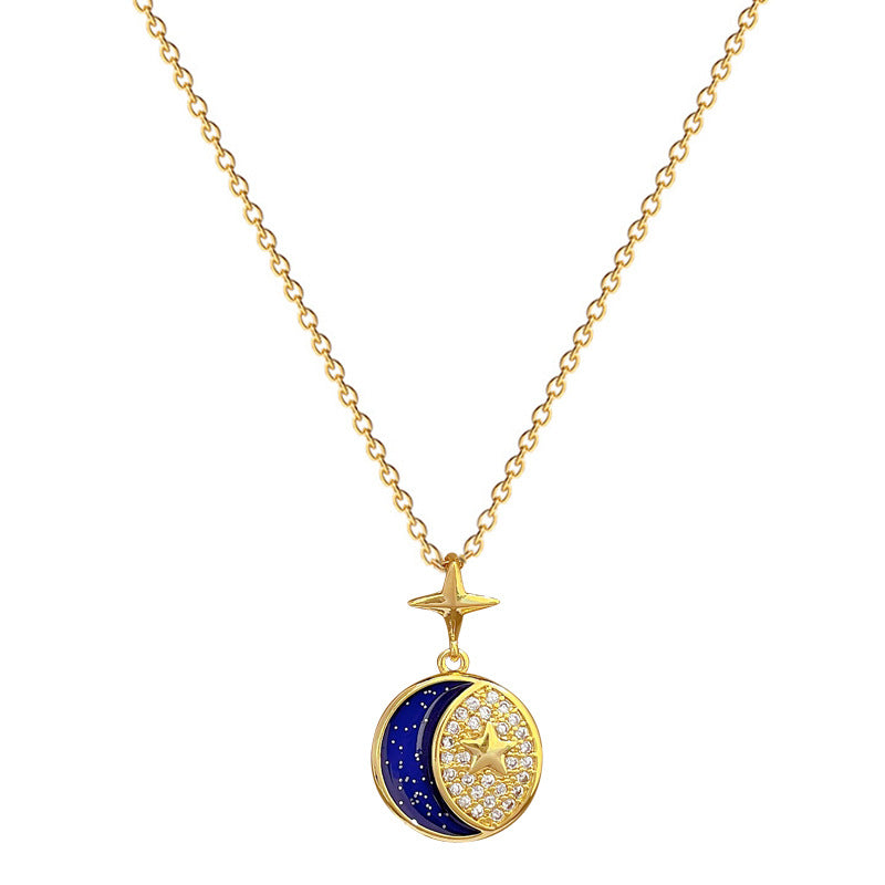 Sweet Star Moon Geometric Titanium Steel Necklace with Cubic Zirconia Brass Pendant for Unisex