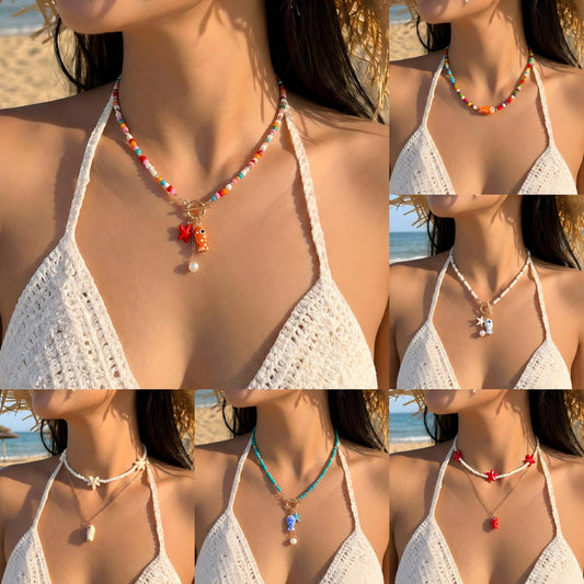 Bohemian Sweet Geometric Ceramic Resin Fish Starfish Turquoise Tassel Beaded Necklace for Women