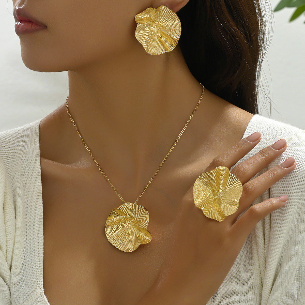 Juego de Collar, Anillo y Pendientes Rústicos Florales con Hojas Volantes de Aleación con Galvanoplastia para Mujer
