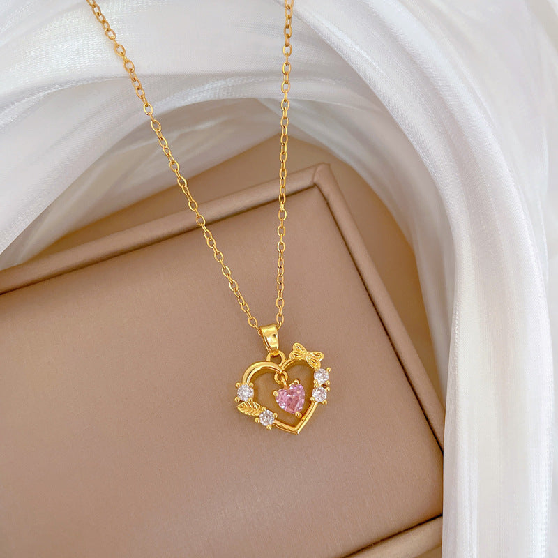 Elegant Heart Bow Pendant Necklace for Women Stainless Steel Chain with Rhinestone Accents Minimalist Geometric Design