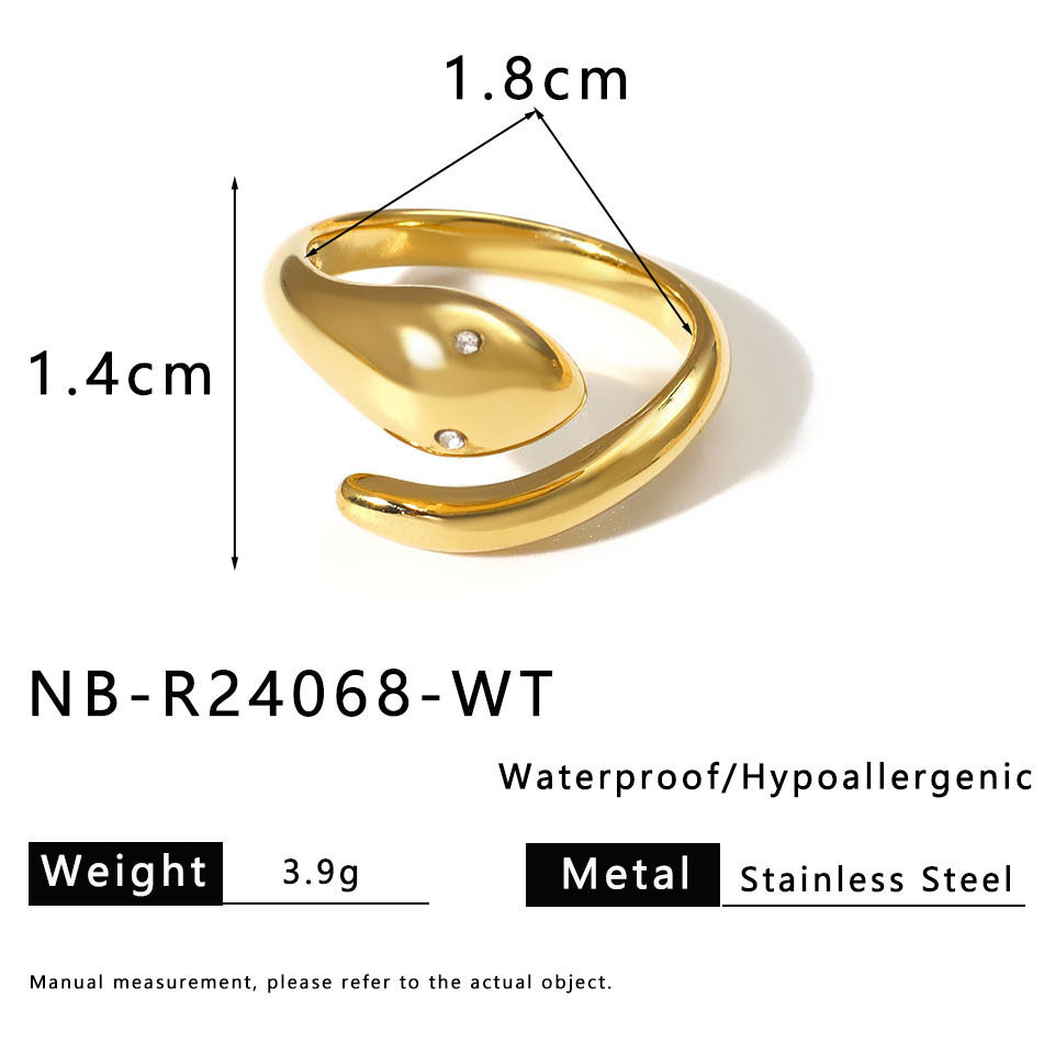 Anello da donna a forma di serpente geometrico con intarsio di zirconi e placcatura in oro su acciaio inossidabile