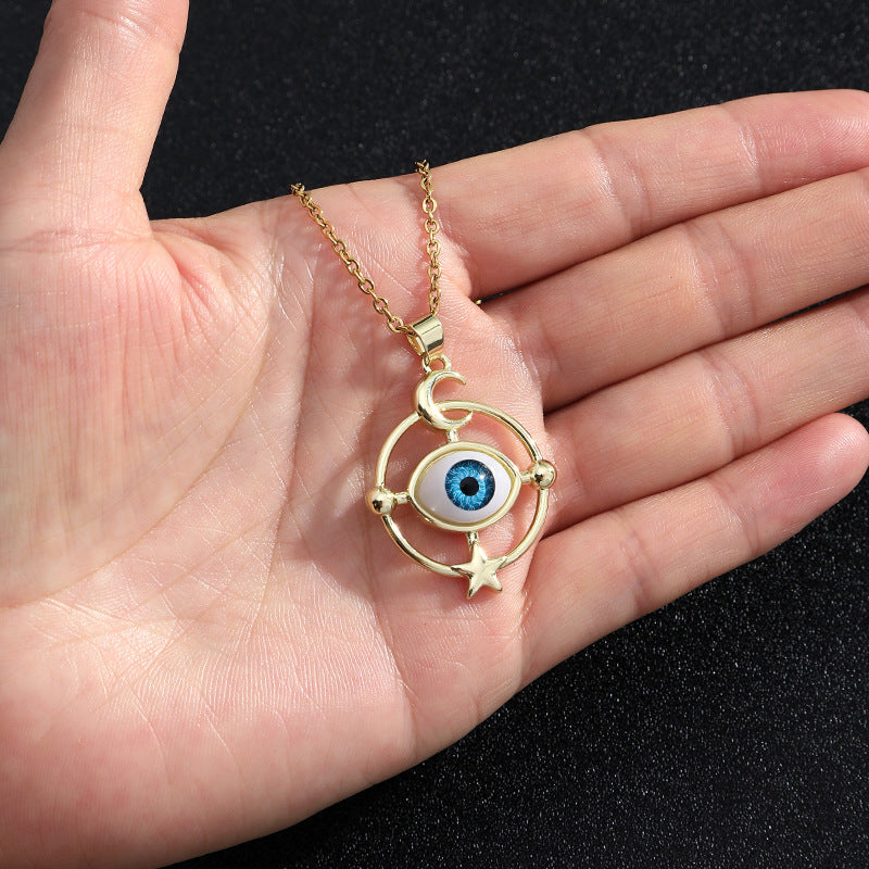 Collar con colgante de ojo turco geométrico vintage para mujer, chapado en cobre con oro real, cadena de serpiente, cadena de suéter ajustable