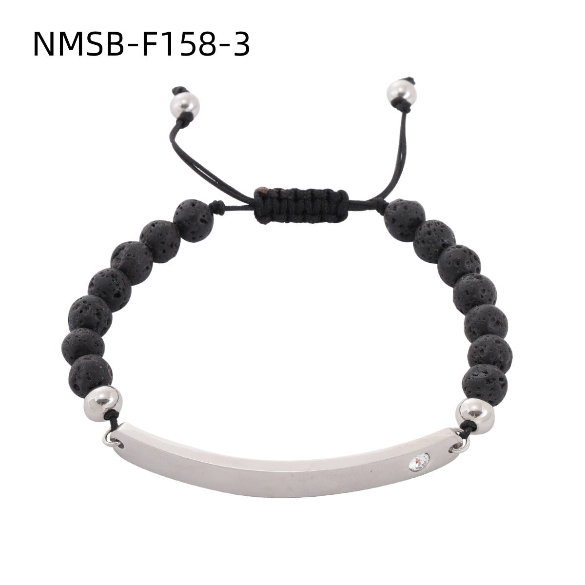 Bracciale alla moda da ufficio in acciaio inossidabile con pietre vulcaniche nere geometriche, intarsio di strass e opzione di incisione per donne