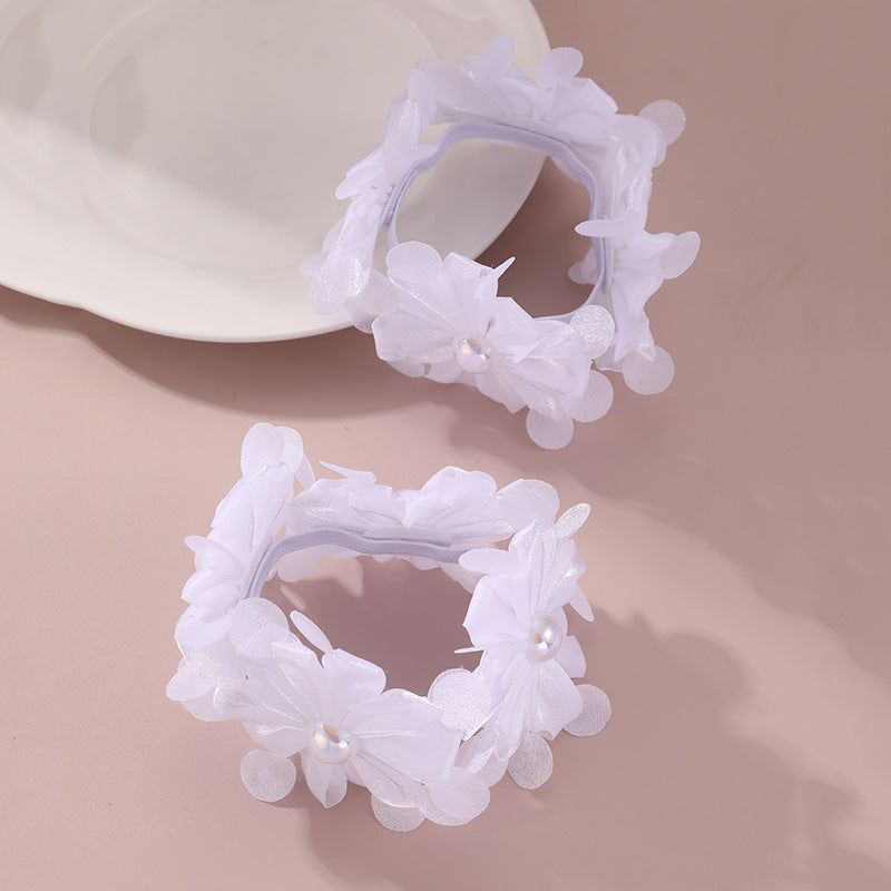 Cute Floral Hair Tie with Pink Flowers and White Daisy Design, Minimalist Pearl-Embellished Fabric Hairband for Kids