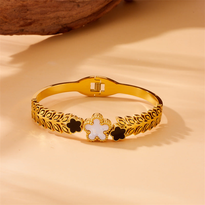 Bracciale vintage minimalista da lavoro placcato in acciaio inossidabile con motivo floreale e spiga di grano