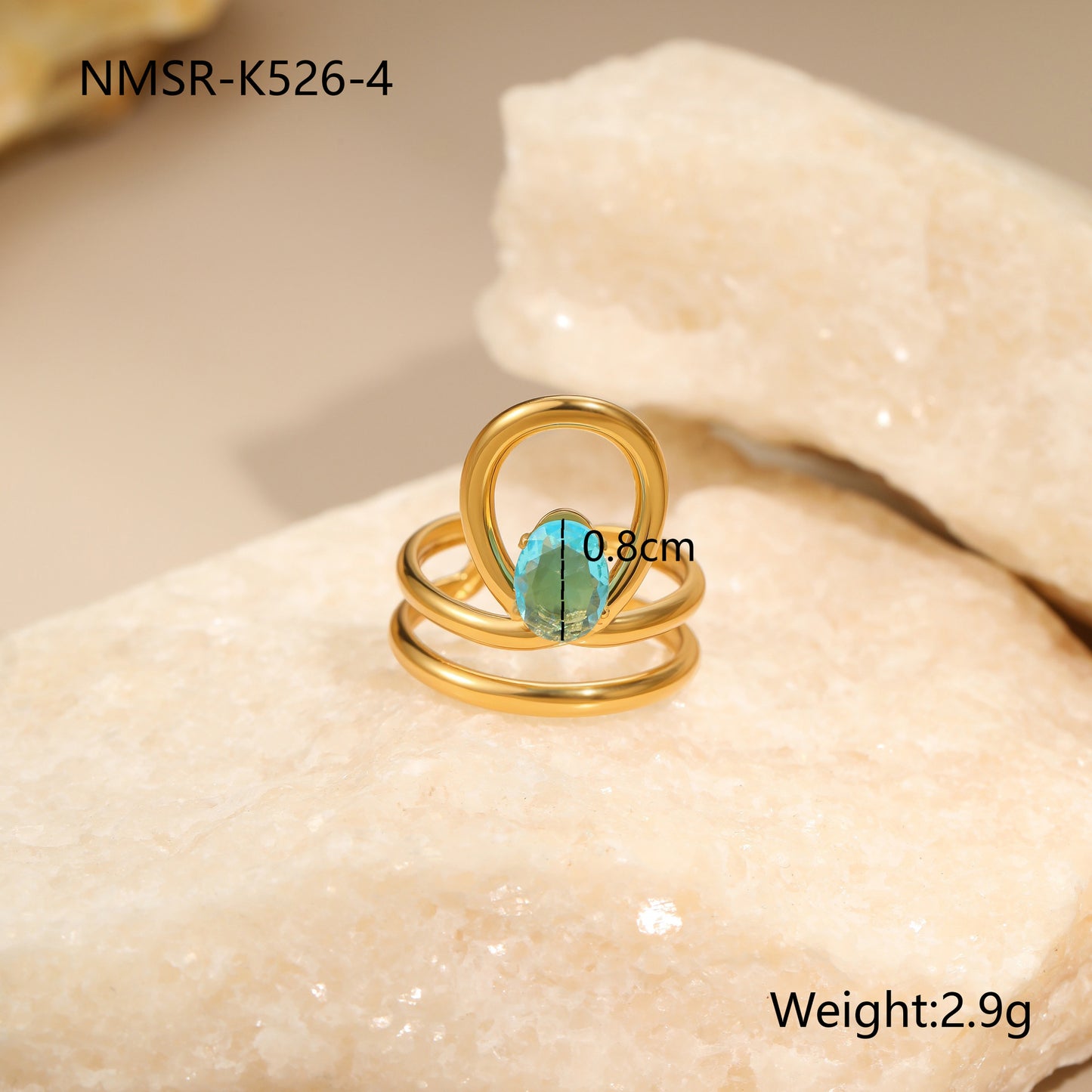 Anillo minimalista de acero inoxidable hueco geométrico con incrustaciones de circonita azul y baño de oro de 18 quilates para mujer