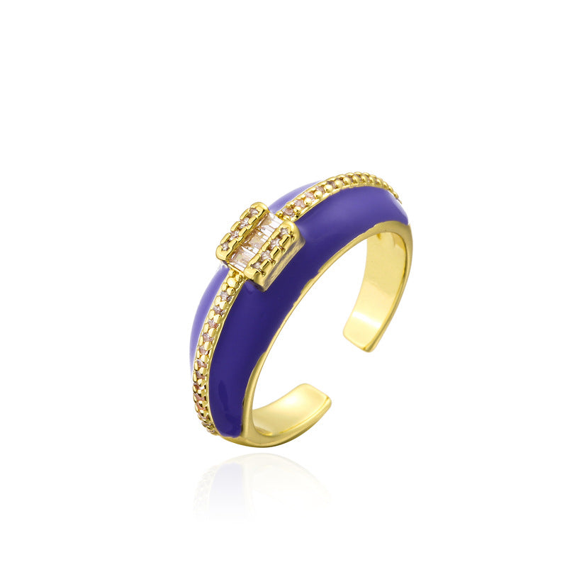 Geometric Micro-inlay Cubic Zirconia Brass Drip Oil Plated 18K Gold Open Ring for Women