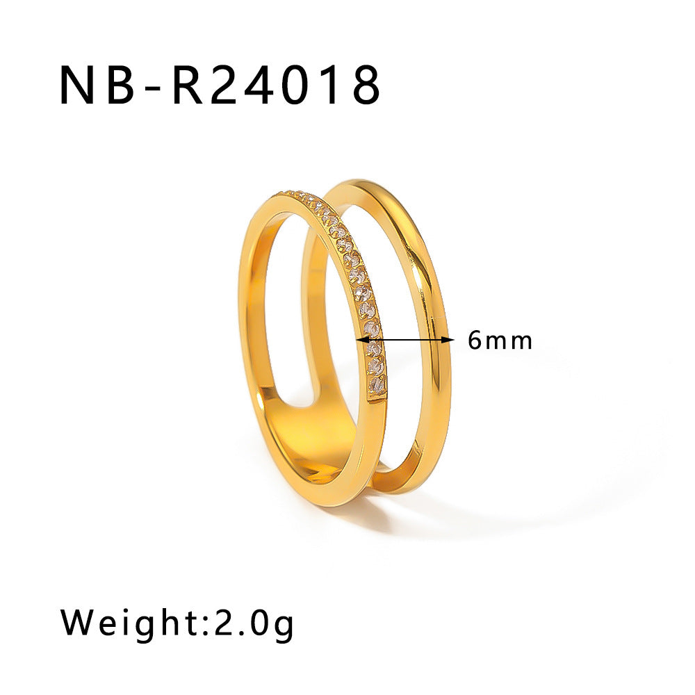 Set di anelli minimalisti a doppio strato in acciaio inossidabile con zirconi micro-incastonati e perle, gioielli unisex placcati oro 18 carati