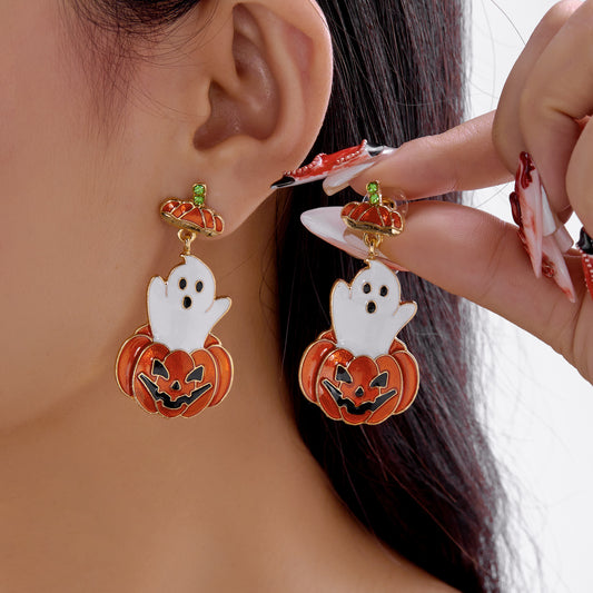 Pendientes de Halloween Dulces y Atrevidos para Mujer con Colgante Irregular de Fantasma y Calabaza de Dibujos Animados, Base de Aleación con Acabado Galvanizado