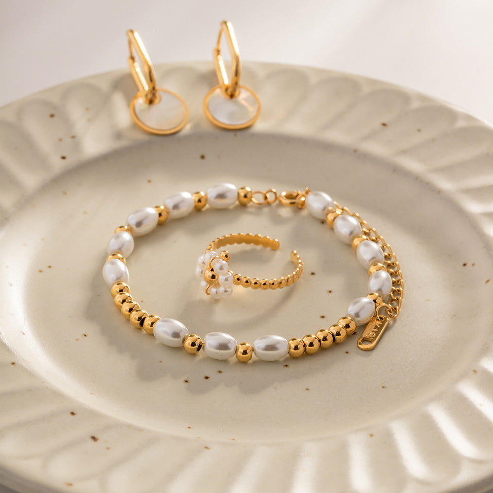 Ins Style Geometric Circle Stainless Steel Bracelet with Glass Pearl and Miyuki Beads Plated in 18K Gold Fashion Jewelry for Women
