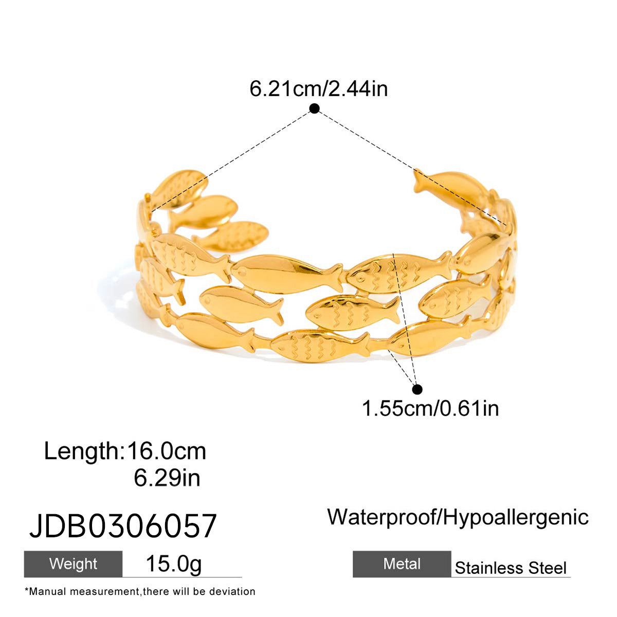 Pulsera Abierta de Tres Capas de Acero Inoxidable Martillado Calado con Diseño de Pez para Mujer