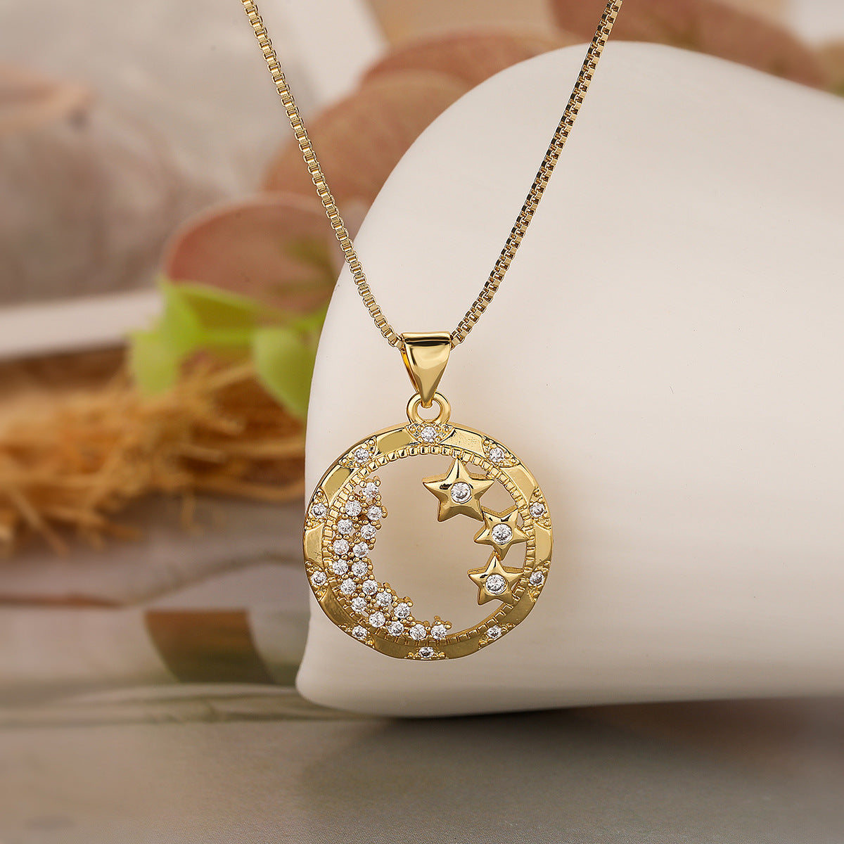 Minimalist Geometric Star and Heart Pendant Necklace with Hollow-Out Design, Copper Base Plated in 18K Gold, Zircon Inlay