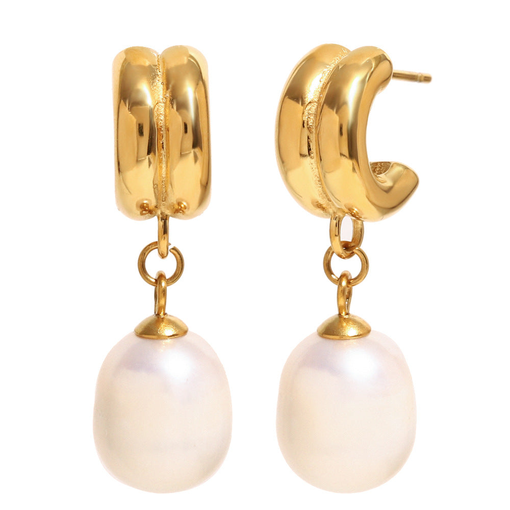 Minimalist Vintage Geometric Stainless Steel 18K Gold Plated Pearl Stud Earrings for Women